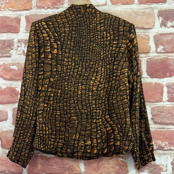 VTG Flora Kung Top Shirt Womens 10 Brown Black Abstract 100% Silk Casual Career - Picture 4 of 8